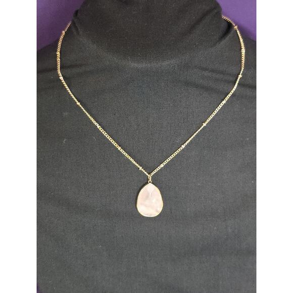 Rose Quartz Teardrop Pendant Necklace On Gold Tone Satellite Station Chain - Picture 3 of 9
